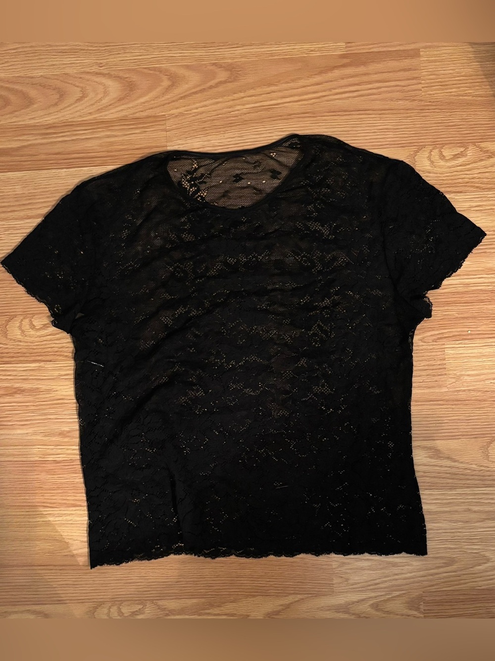 Donna Karan Intimates Vintage Black Sheer Floral Lace Short Sleeve Top